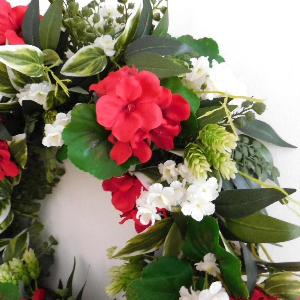Handmade Red Geranium and whites Wreath for Front Door Spring Summer Gift